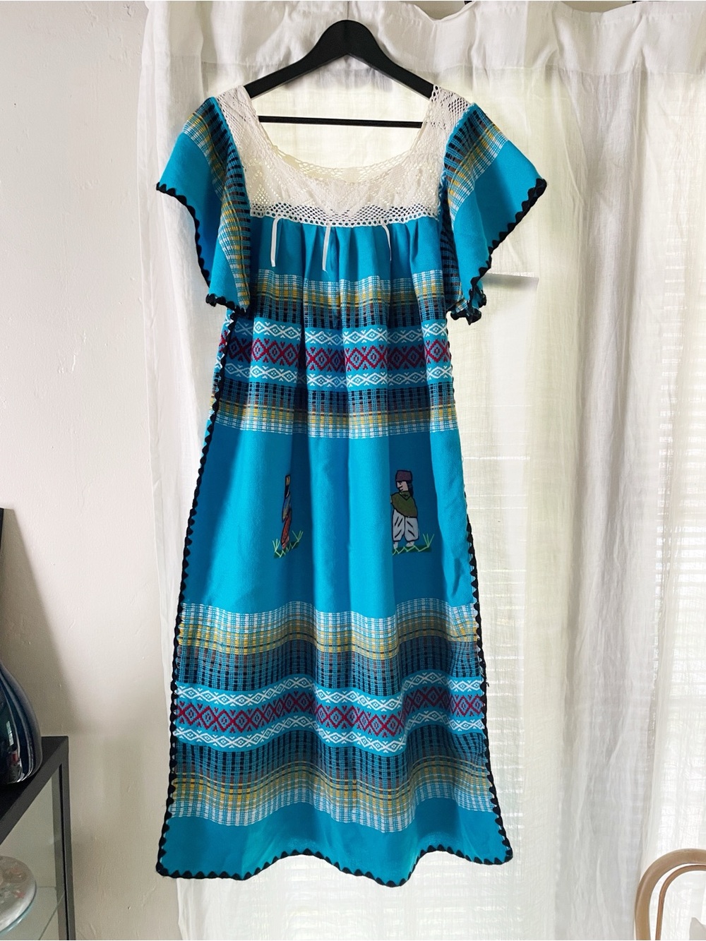 Vintage Handmade Folk Dress Crochet Yoke Embroidered Boho Turquoise